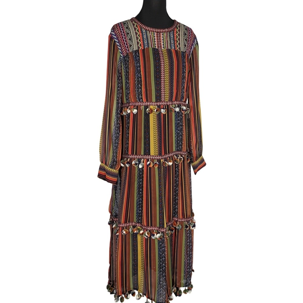Chelsea & Theodore Boho Striped  Maxi Dress with Pom Poms Long Sleeve Bohemian - Picture 4 of 11